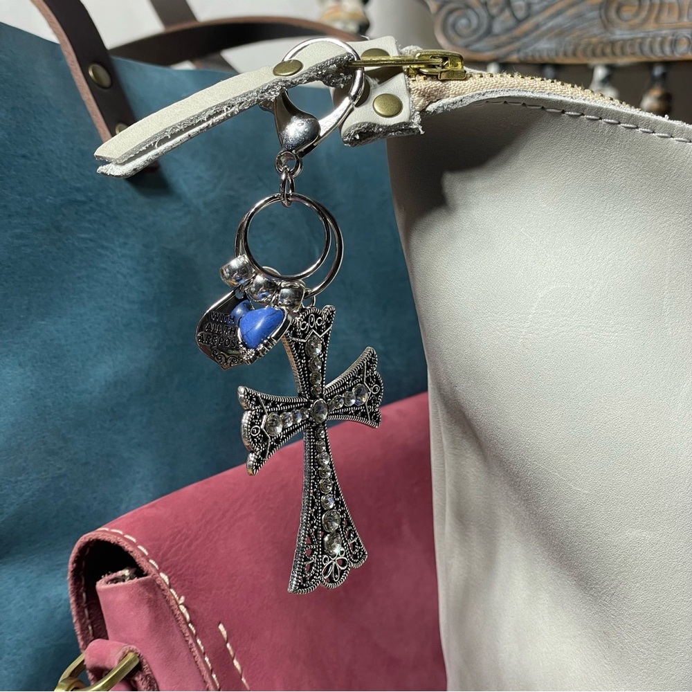 NEW Rhinestone Cross Bag Charm Keychain, Scripture, Portland Leather Compatible! - Picture 2 of 6